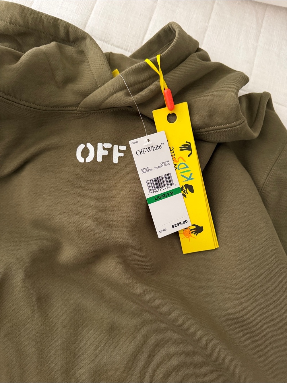 Off-White Olive Green Hoodie with White Off Logo and Yellow Tag